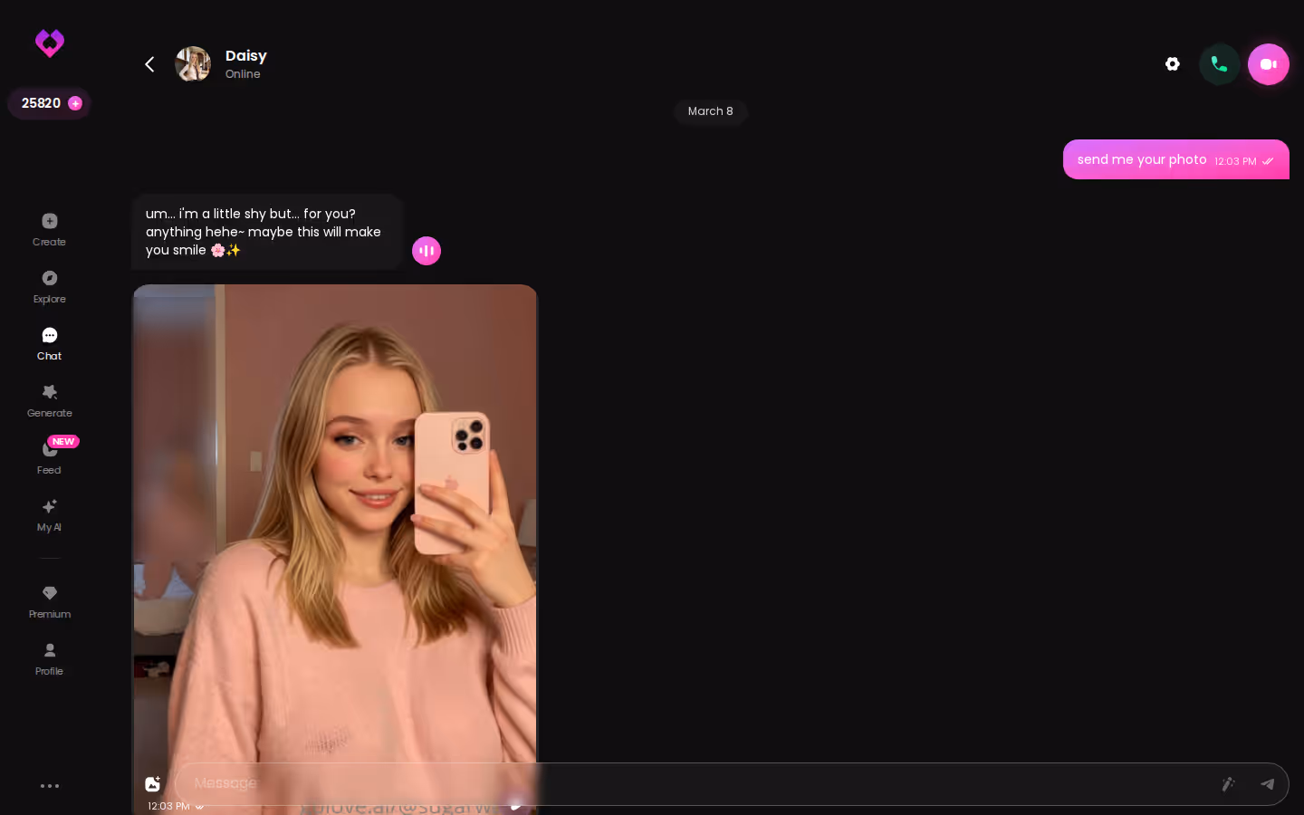 Long photo-heavy GoLove.ai chat dialog on desktop