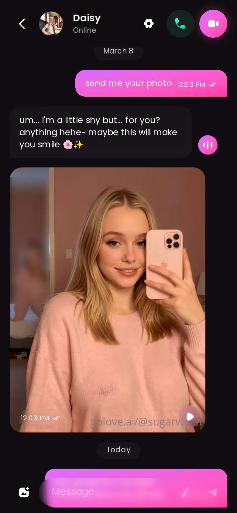 Full GoLove chat thread on mobile showing a requested photo and the Generate Video option