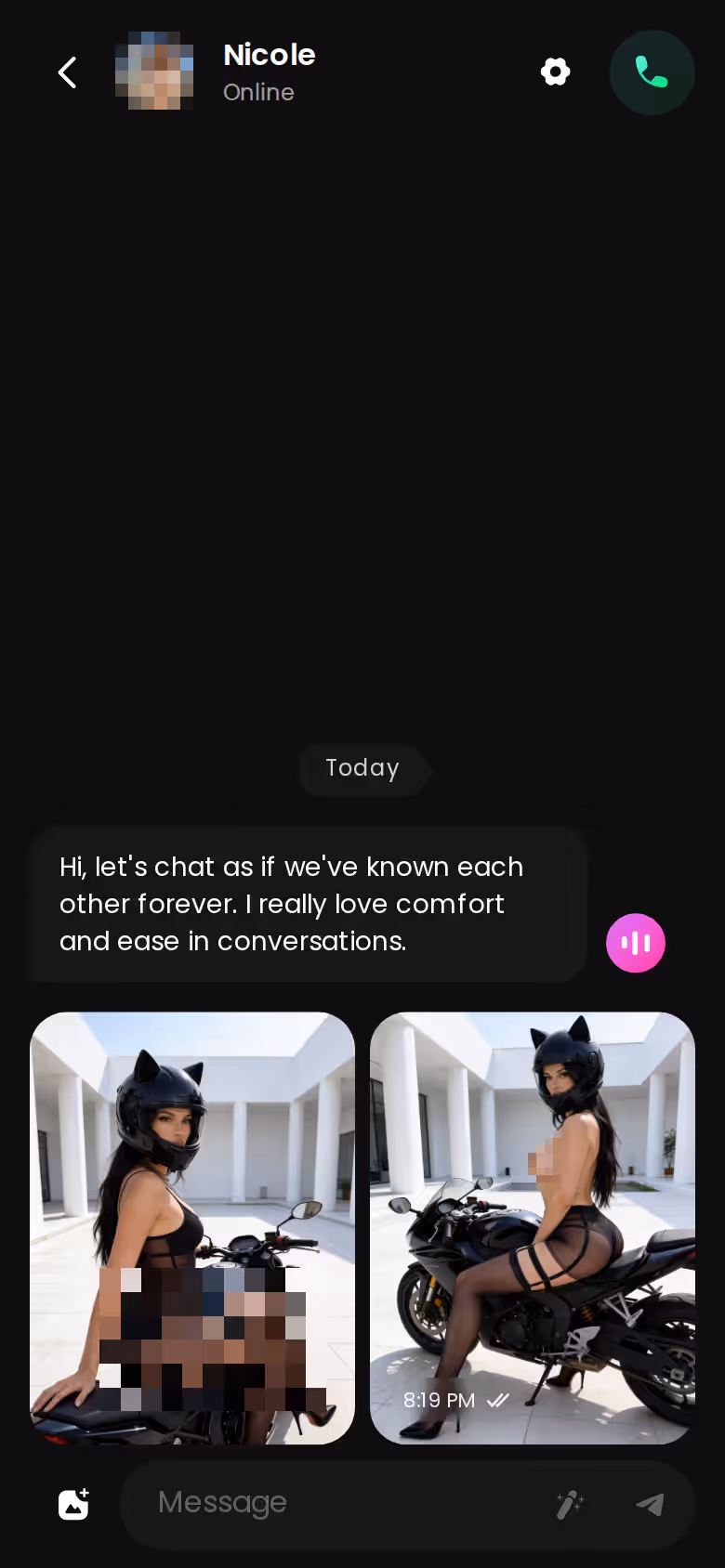 GoLove.ai mobile chat loop with messages, photos and the voice-note button