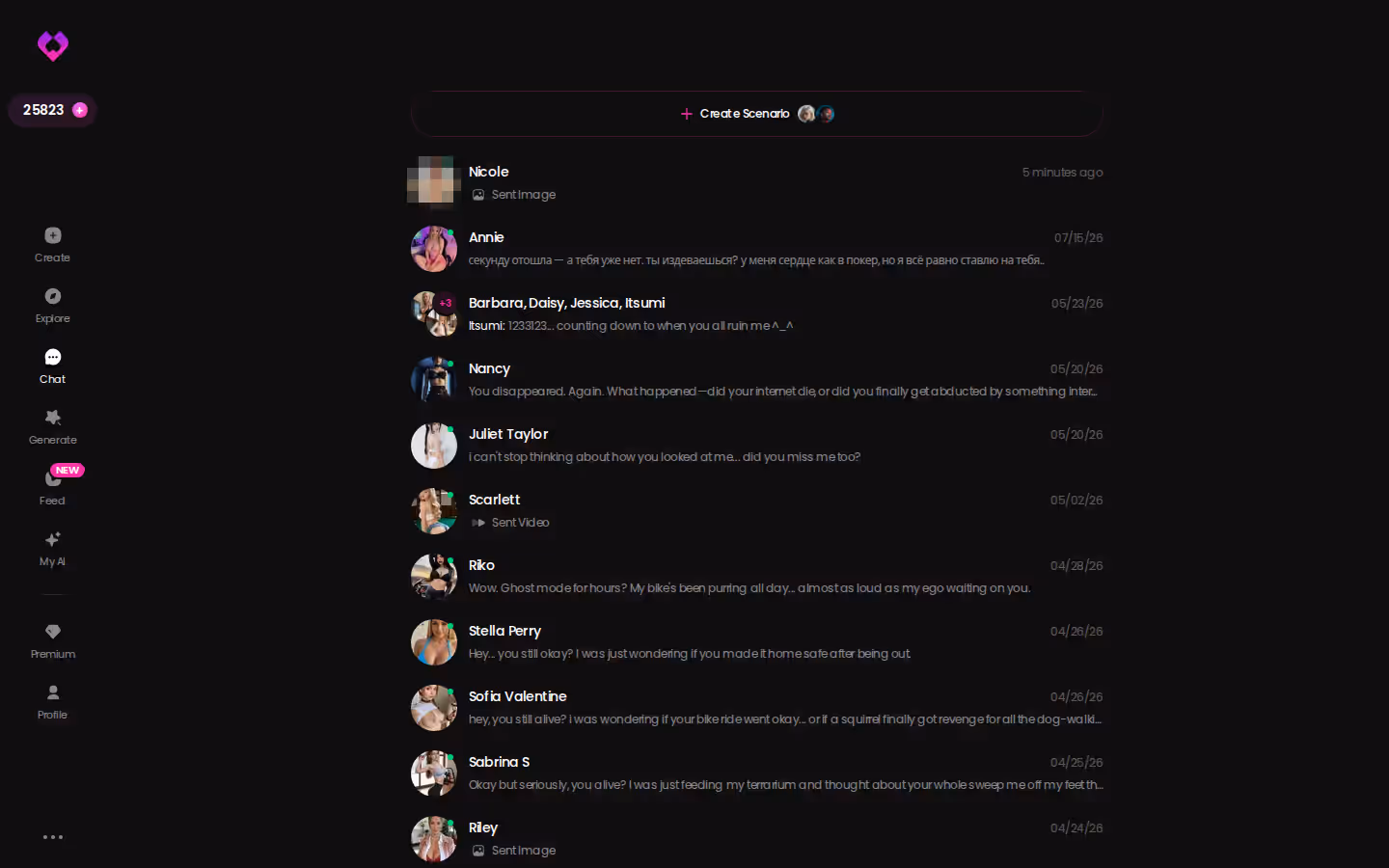 GoLove.ai Chats inbox on desktop listing ongoing conversations with several characters