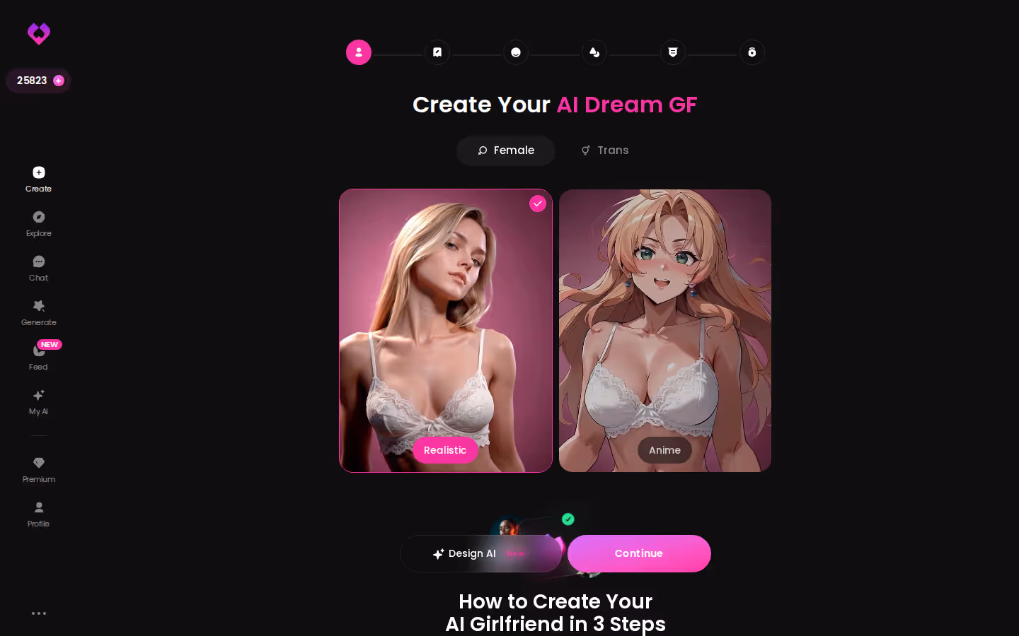 GoLove.ai create wizard start screen with Realistic, Anime and Trans character options