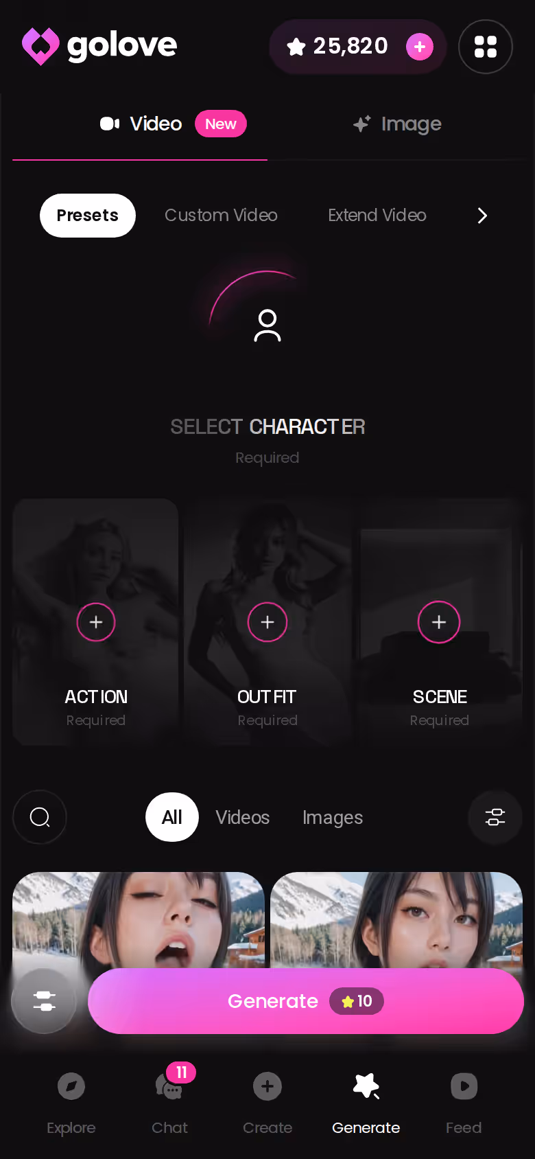 GoLove.ai generator hub on mobile with image and video tabs