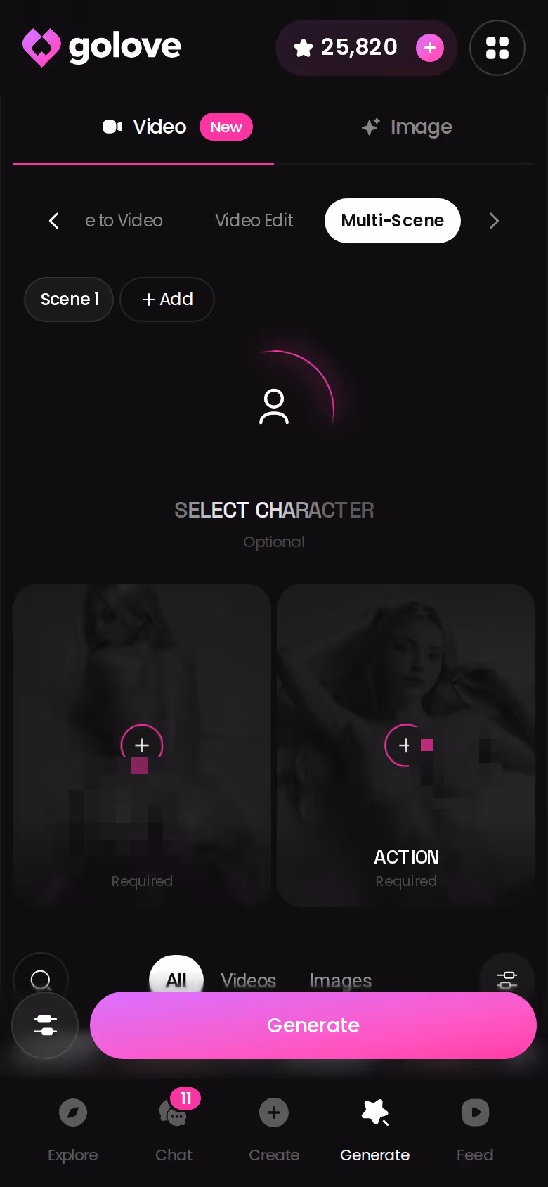GoLove.ai Multi-Scene video builder on mobile, stitching several story moments into one clip